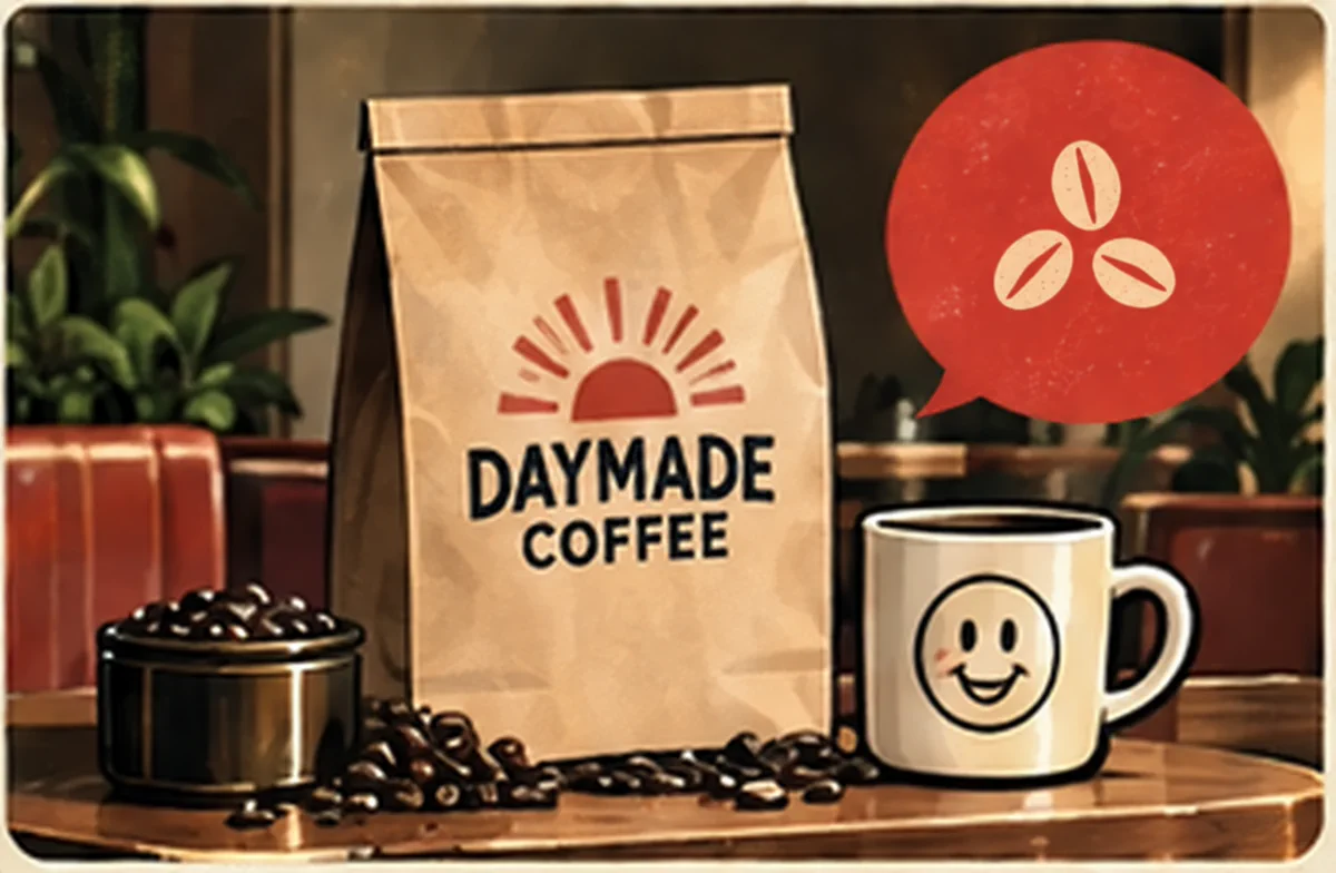 Fictional Daymade Coffee website concept preview with coffee packaging and a live menu layout.